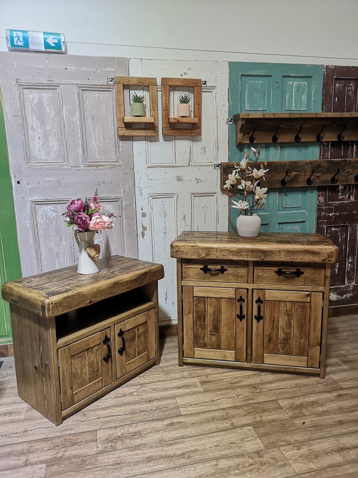 Jacobean with Black Fleur de Lys, next to country cottage small sideboard