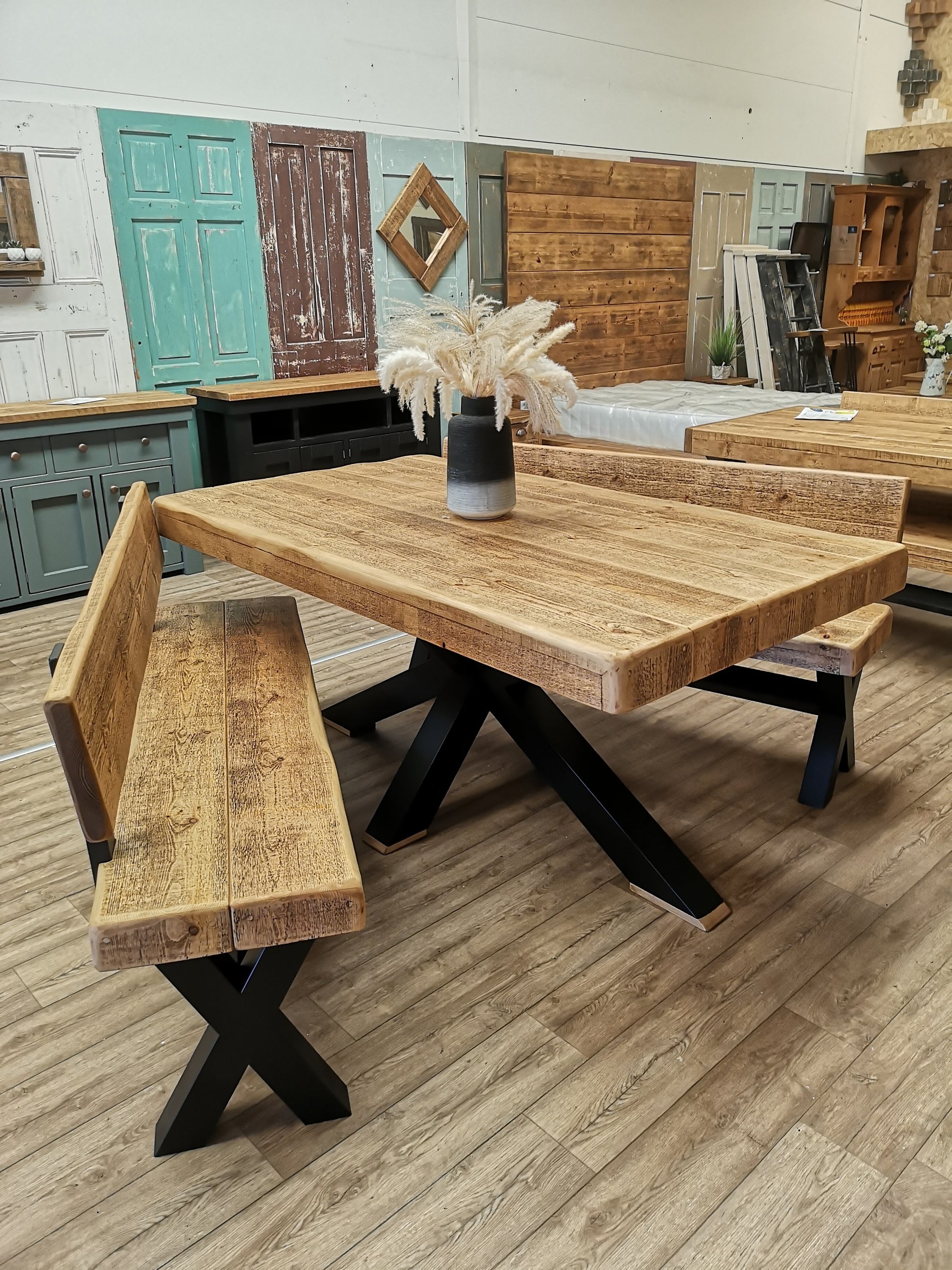 Medium Oak &  Black. High Back Benches.