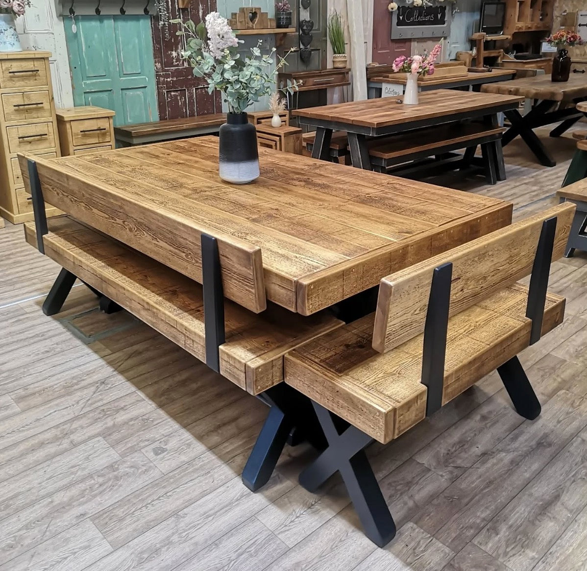 High-Back Benches in Medium Oak & Pitch Black