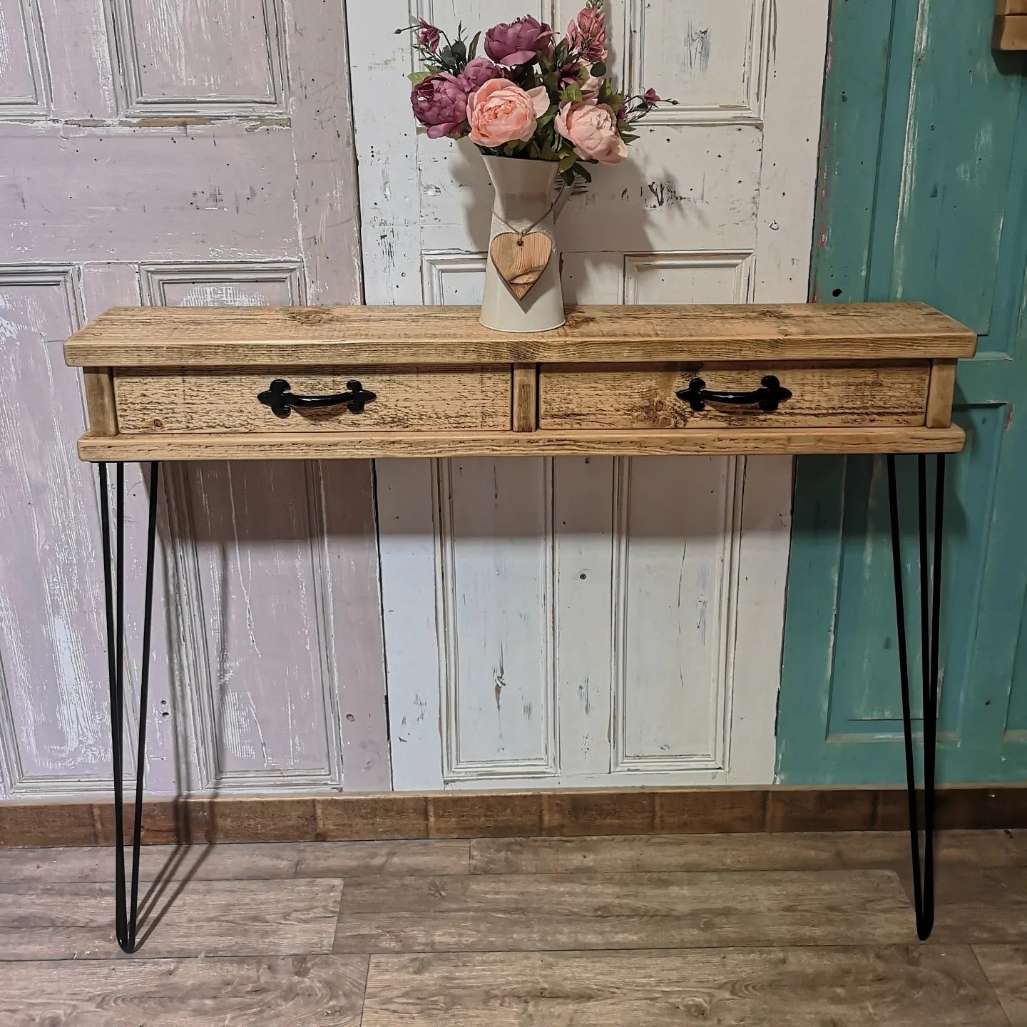 Double Drawer in Medium Oak - Black Legs & Fleur de Lys