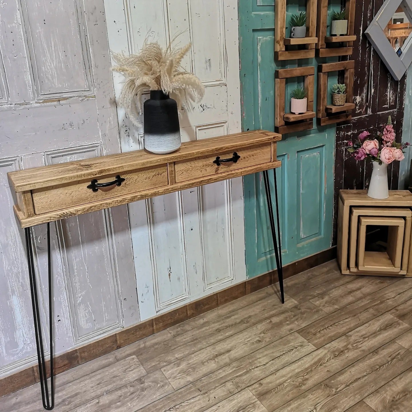 Double Drawer. Medium Oak. Black Leg & Fleur de Lys.